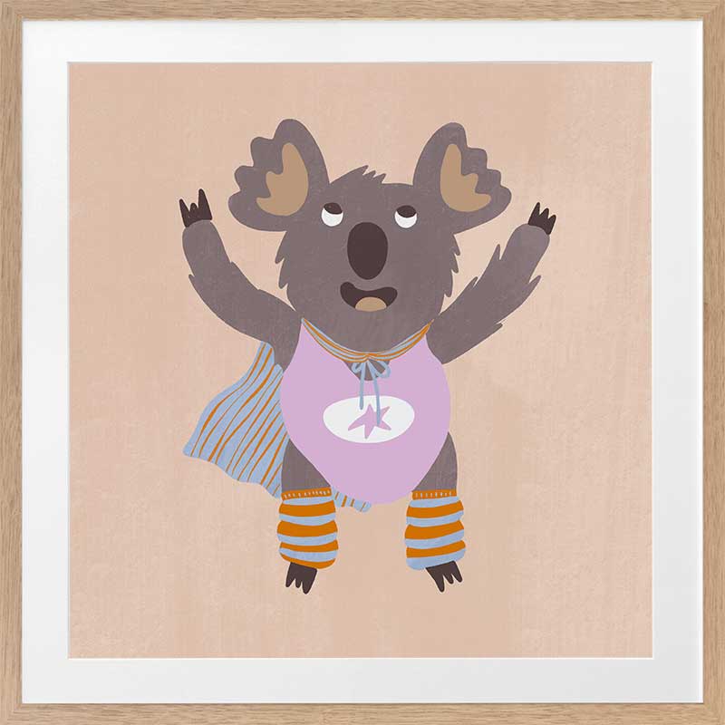 Cheerful koala in a lilac superhero outfit with a cape and striped leggings on warm beige, from the Little Tails Collection by Urban Road.