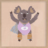 Cheerful koala in a lilac superhero outfit with a cape and striped leggings on warm beige, from the Little Tails Collection by Urban Road.