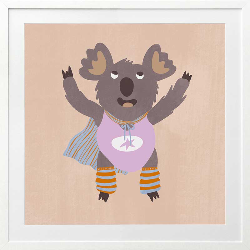 Cheerful koala in a lilac superhero outfit with a cape and striped leggings on warm beige, from the Little Tails Collection by Urban Road.