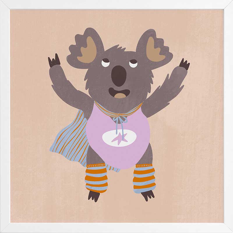 Cheerful koala in a lilac superhero outfit with a cape and striped leggings on warm beige, from the Little Tails Collection by Urban Road.
