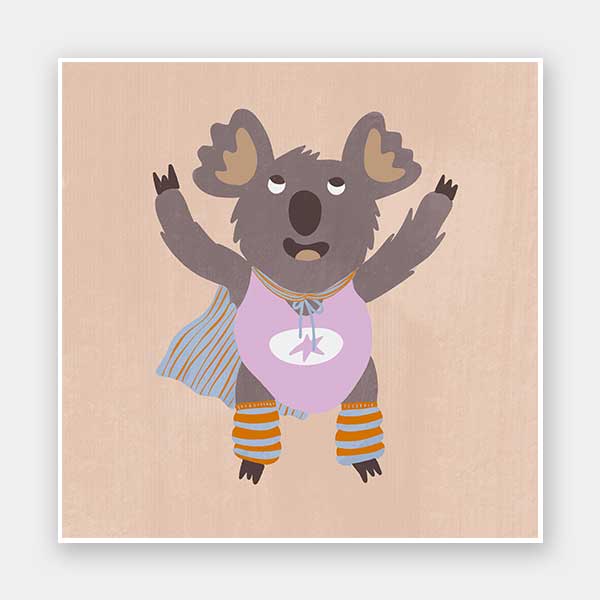 Cheerful koala in a lilac superhero outfit with a cape and striped leggings on warm beige, from the Little Tails Collection by Urban Road.