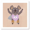 Cheerful koala in a lilac superhero outfit with a cape and striped leggings on warm beige, from the Little Tails Collection by Urban Road.