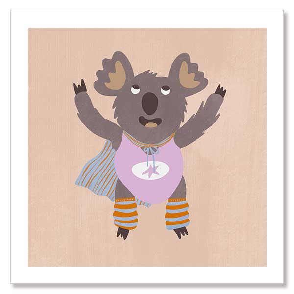 Cheerful koala in a lilac superhero outfit with a cape and striped leggings on warm beige, from the Little Tails Collection by Urban Road.