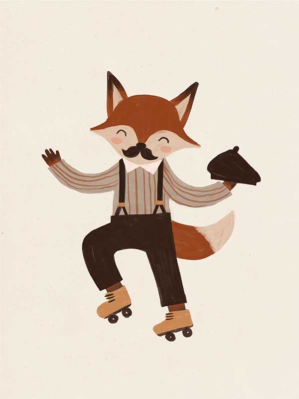 Dapper fox with a moustache rollerskates while tipping a hat on soft cream, from the Little Tails Collection by Urban Road.