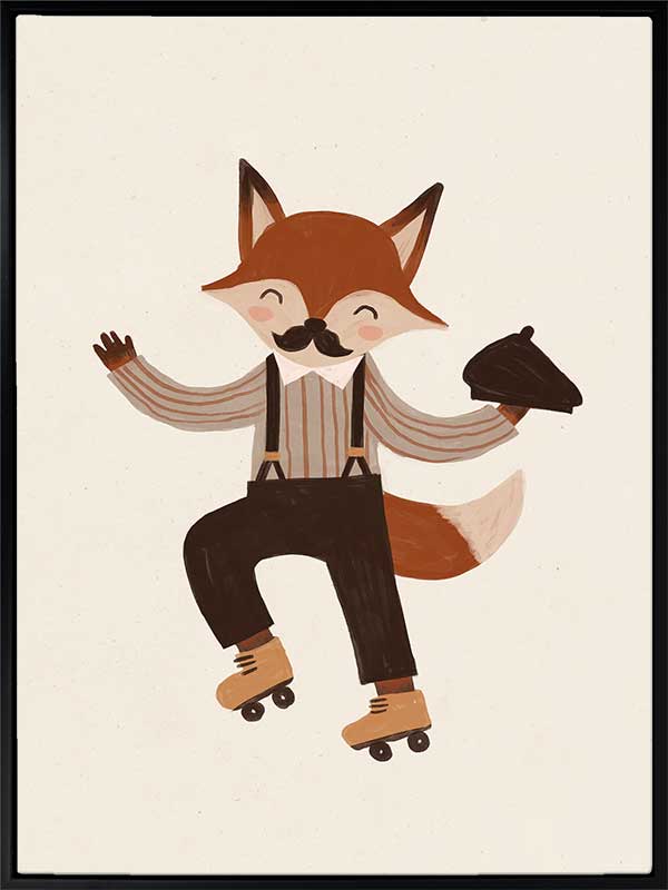Dapper fox with a moustache rollerskates while tipping a hat on soft cream, from the Little Tails Collection by Urban Road.