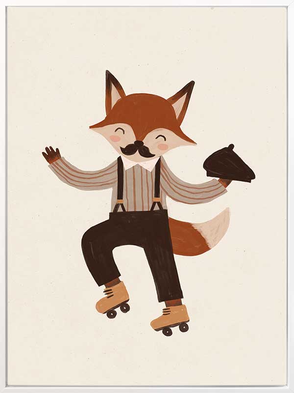 Dapper fox with a moustache rollerskates while tipping a hat on soft cream, from the Little Tails Collection by Urban Road.