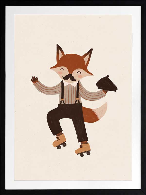 Dapper fox with a moustache rollerskates while tipping a hat on soft cream, from the Little Tails Collection by Urban Road.