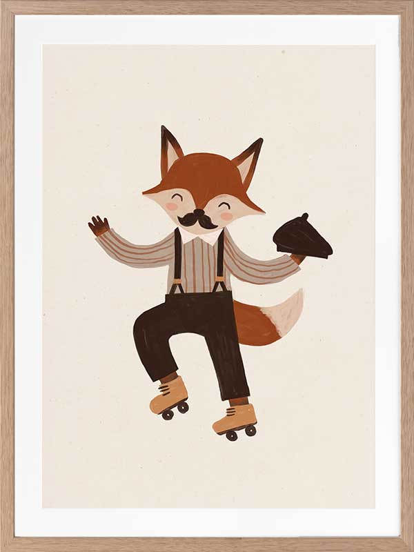 Dapper fox with a moustache rollerskates while tipping a hat on soft cream, from the Little Tails Collection by Urban Road.