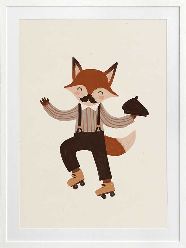 Dapper fox with a moustache rollerskates while tipping a hat on soft cream, from the Little Tails Collection by Urban Road.
