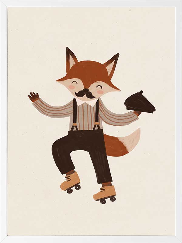 Dapper fox with a moustache rollerskates while tipping a hat on soft cream, from the Little Tails Collection by Urban Road.