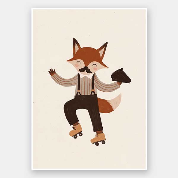Dapper fox with a moustache rollerskates while tipping a hat on soft cream, from the Little Tails Collection by Urban Road.