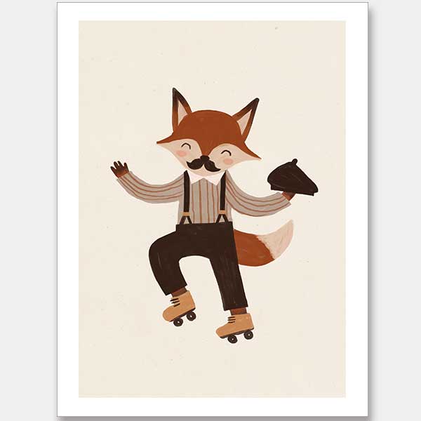 Dapper fox with a moustache rollerskates while tipping a hat on soft cream, from the Little Tails Collection by Urban Road.