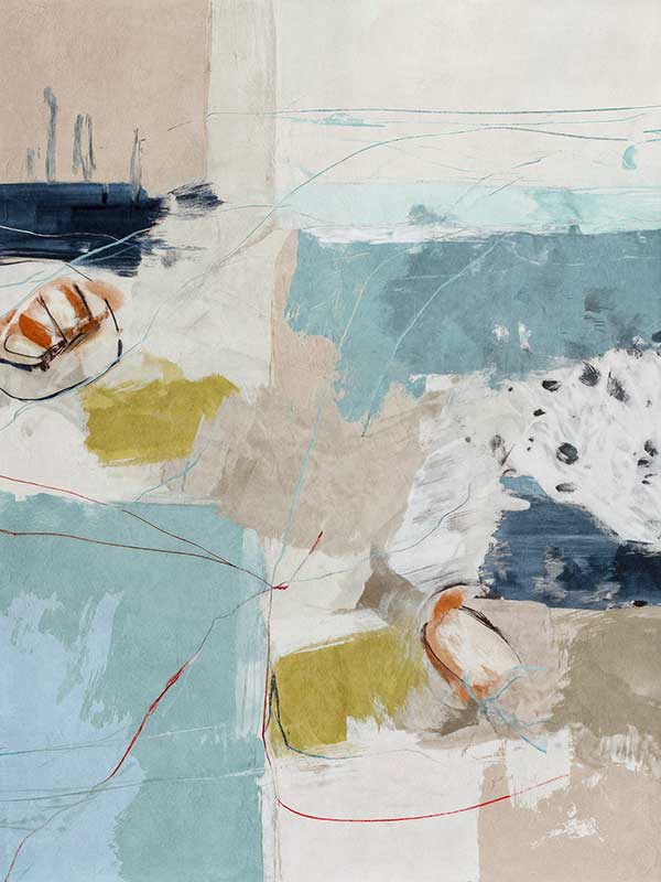 Softly abstract composition featuring blue and yellow tones layered with expressive textures. From the Lounging Ladies II collection by Urban Road.