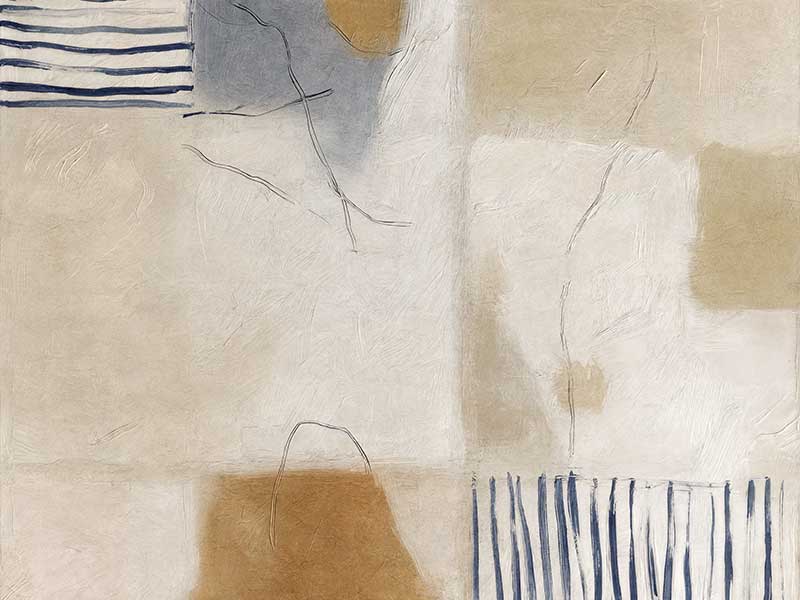 A softly painted abstract piece with pale neutrals and vertical blue stripes. From the Lounging Ladies II collection by Urban Road.