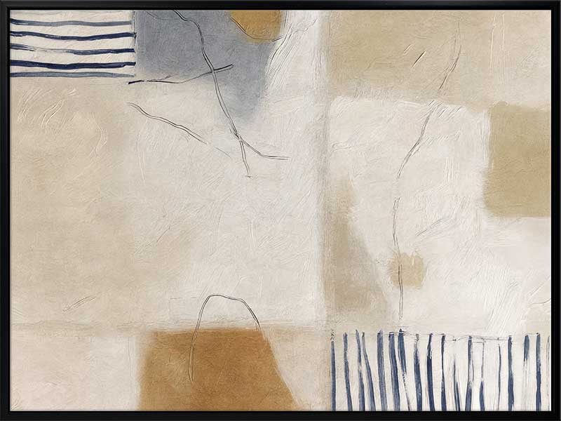 A softly painted abstract piece with pale neutrals and vertical blue stripes. From the Lounging Ladies II collection by Urban Road.