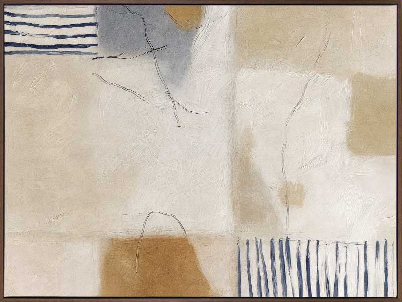 A softly painted abstract piece with pale neutrals and vertical blue stripes. From the Lounging Ladies II collection by Urban Road.