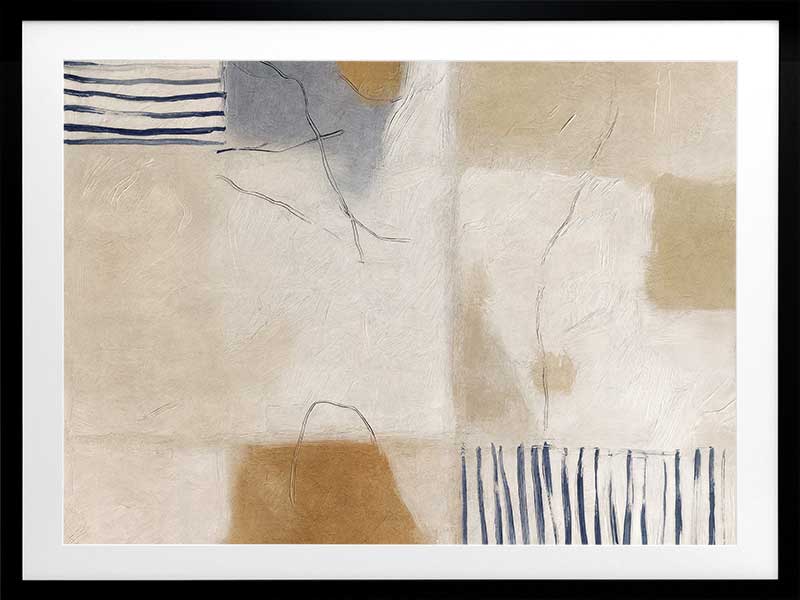 A softly painted abstract piece with pale neutrals and vertical blue stripes. From the Lounging Ladies II collection by Urban Road.