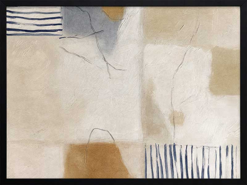 A softly painted abstract piece with pale neutrals and vertical blue stripes. From the Lounging Ladies II collection by Urban Road.