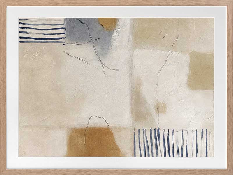 A softly painted abstract piece with pale neutrals and vertical blue stripes. From the Lounging Ladies II collection by Urban Road.