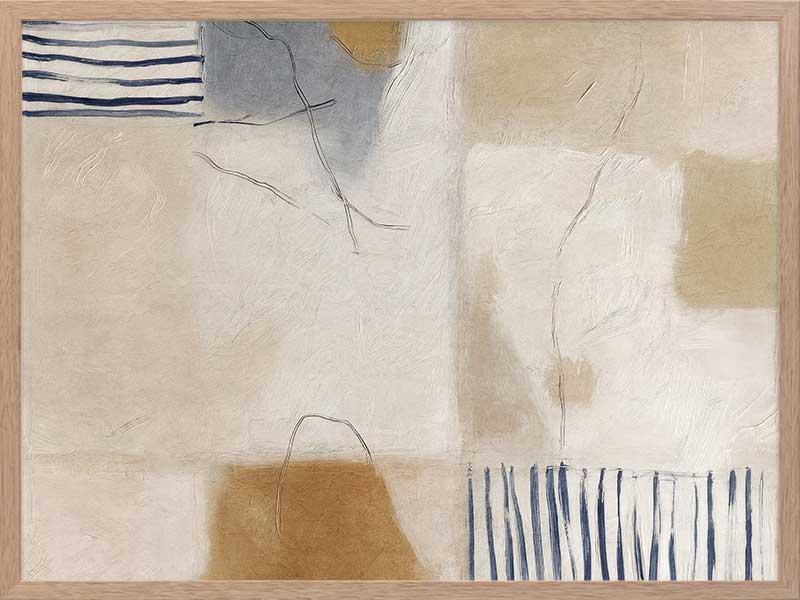 A softly painted abstract piece with pale neutrals and vertical blue stripes. From the Lounging Ladies II collection by Urban Road.
