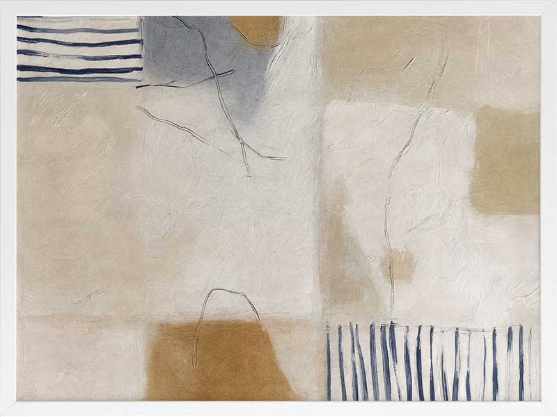 A softly painted abstract piece with pale neutrals and vertical blue stripes. From the Lounging Ladies II collection by Urban Road.