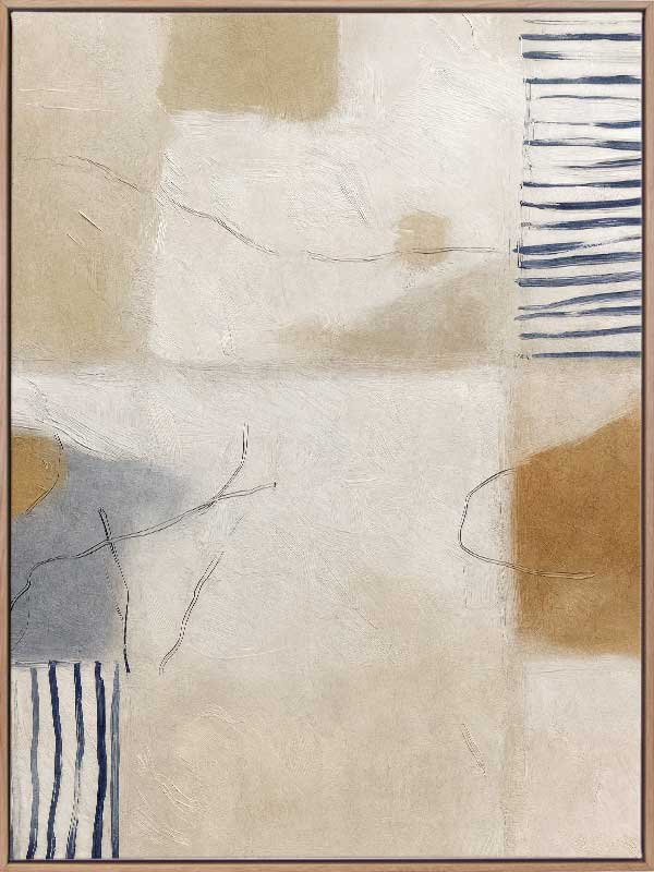A softly painted abstract piece with pale neutrals and vertical blue stripes. From the Lounging Ladies II collection by Urban Road.
