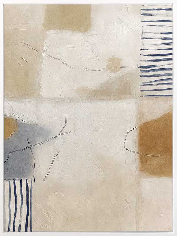 A softly painted abstract piece with pale neutrals and vertical blue stripes. From the Lounging Ladies II collection by Urban Road.