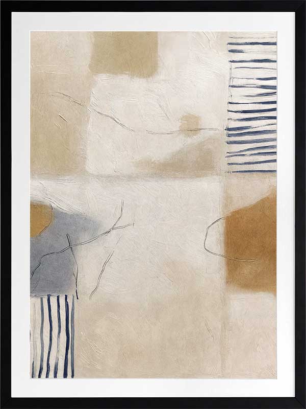 A softly painted abstract piece with pale neutrals and vertical blue stripes. From the Lounging Ladies II collection by Urban Road.