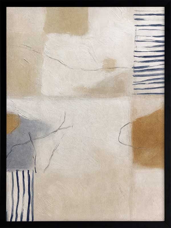 A softly painted abstract piece with pale neutrals and vertical blue stripes. From the Lounging Ladies II collection by Urban Road.