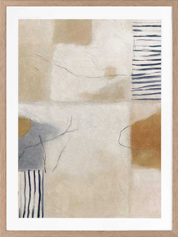 A softly painted abstract piece with pale neutrals and vertical blue stripes. From the Lounging Ladies II collection by Urban Road.