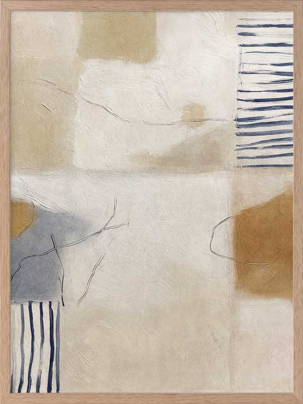 A softly painted abstract piece with pale neutrals and vertical blue stripes. From the Lounging Ladies II collection by Urban Road.