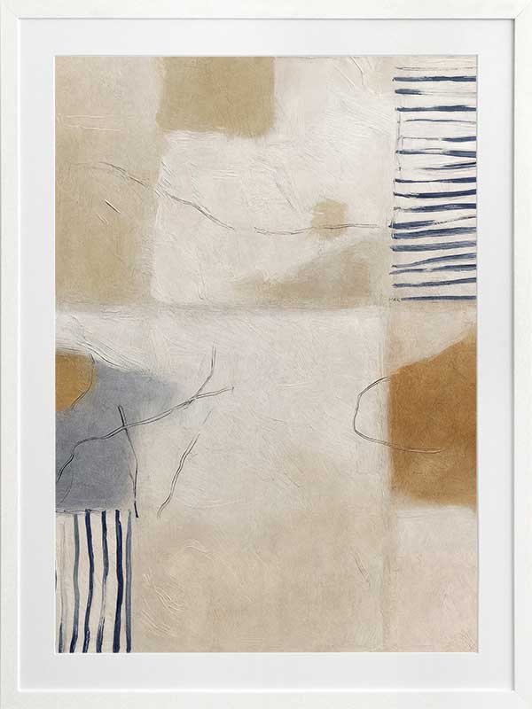 A softly painted abstract piece with pale neutrals and vertical blue stripes. From the Lounging Ladies II collection by Urban Road.