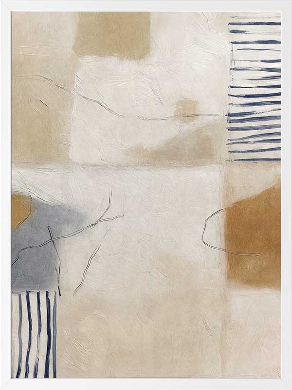 A softly painted abstract piece with pale neutrals and vertical blue stripes. From the Lounging Ladies II collection by Urban Road.
