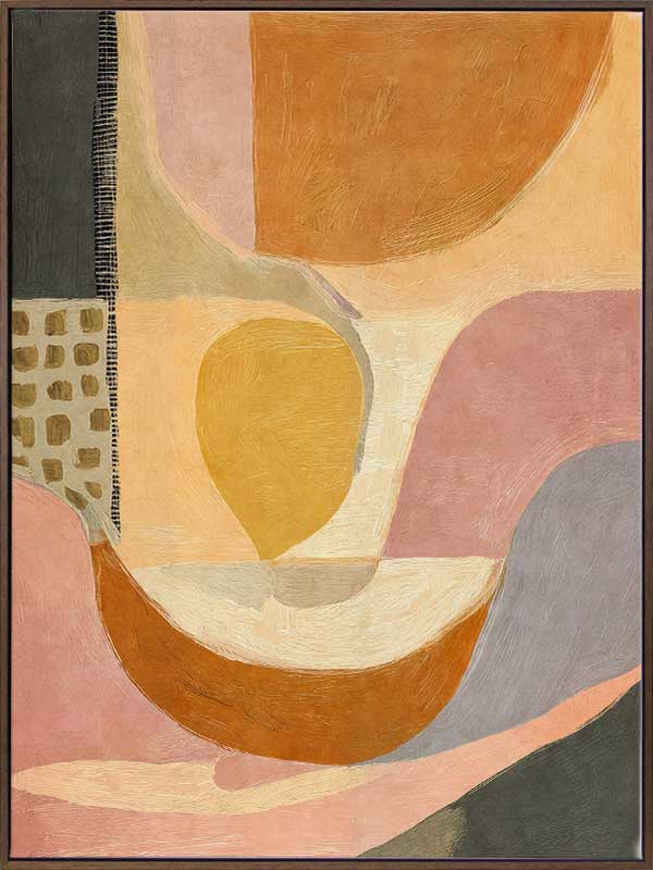 An abstract artwork featuring curved shapes in orange and pink with soft painterly textures. From the Lounging Ladies II collection by Urban Road.