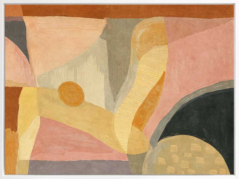 A softly textured abstract artwork in yellow and pink with layered curved forms. From the Lounging Ladies II collection by Urban Road.