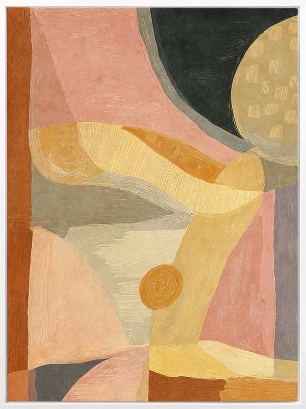 A softly textured abstract artwork in yellow and pink with layered curved forms. From the Lounging Ladies II collection by Urban Road.