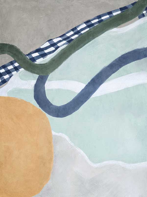 Abstract composition with curved forms in soft green and blue tones, creating a balanced and gentle motion, from the Lounging Ladies II collection by Urban Road.