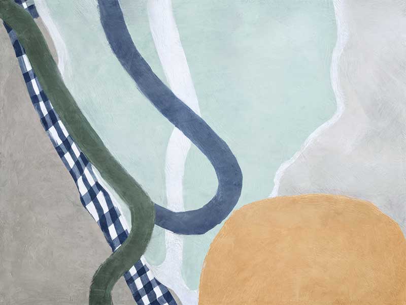 Abstract composition with curved forms in soft green and blue tones, creating a balanced and gentle motion, from the Lounging Ladies II collection by Urban Road.