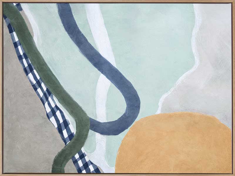 Abstract composition with curved forms in soft green and blue tones, creating a balanced and gentle motion, from the Lounging Ladies II collection by Urban Road.