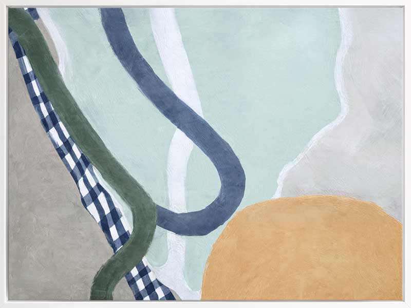 Abstract composition with curved forms in soft green and blue tones, creating a balanced and gentle motion, from the Lounging Ladies II collection by Urban Road.