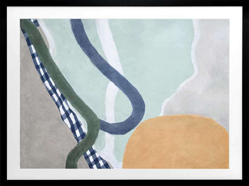 Abstract composition with curved forms in soft green and blue tones, creating a balanced and gentle motion, from the Lounging Ladies II collection by Urban Road.