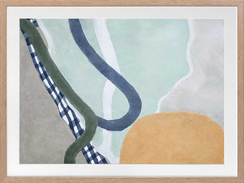 Abstract composition with curved forms in soft green and blue tones, creating a balanced and gentle motion, from the Lounging Ladies II collection by Urban Road.