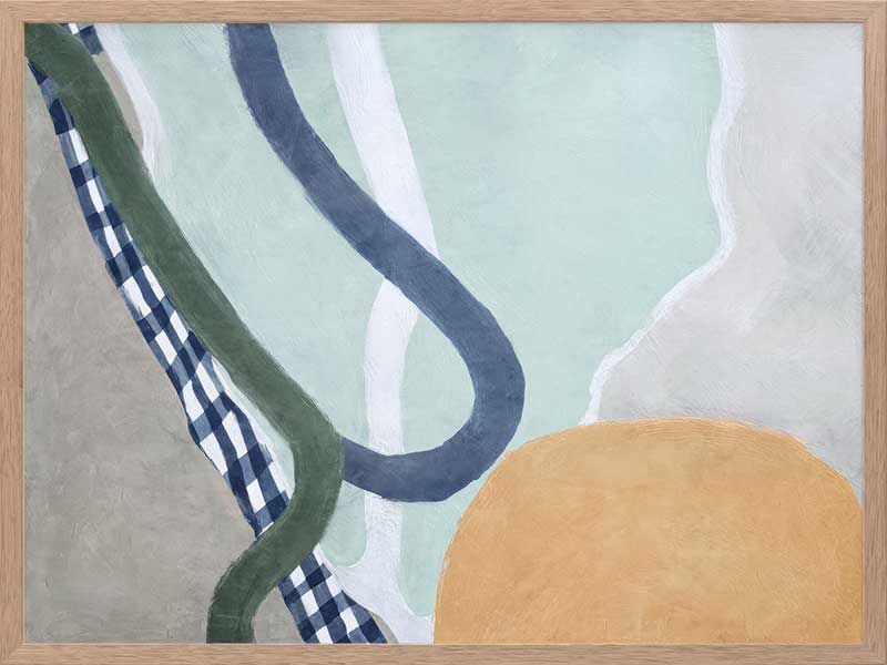 Abstract composition with curved forms in soft green and blue tones, creating a balanced and gentle motion, from the Lounging Ladies II collection by Urban Road.