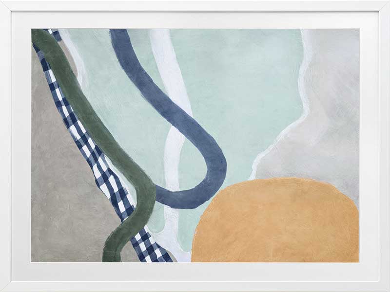 Abstract composition with curved forms in soft green and blue tones, creating a balanced and gentle motion, from the Lounging Ladies II collection by Urban Road.