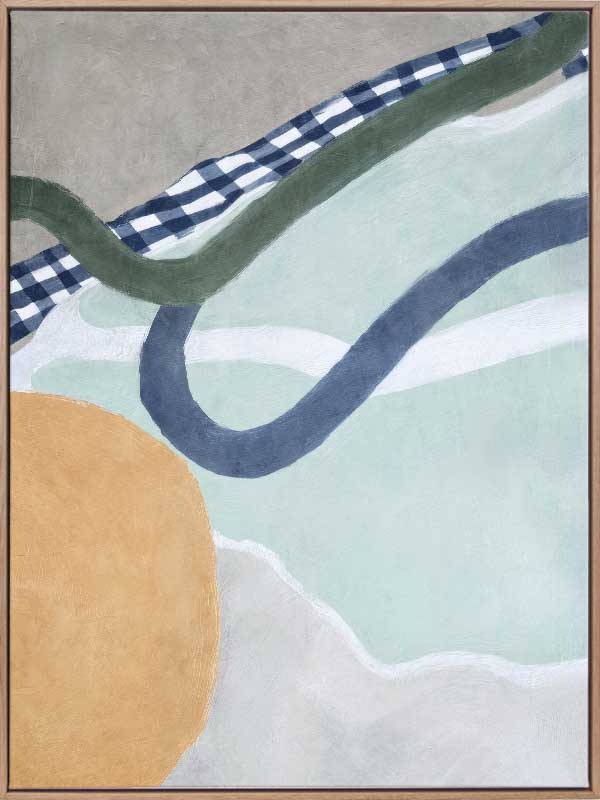 Abstract composition with curved forms in soft green and blue tones, creating a balanced and gentle motion, from the Lounging Ladies II collection by Urban Road.