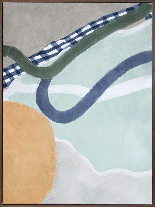 Abstract composition with curved forms in soft green and blue tones, creating a balanced and gentle motion, from the Lounging Ladies II collection by Urban Road.