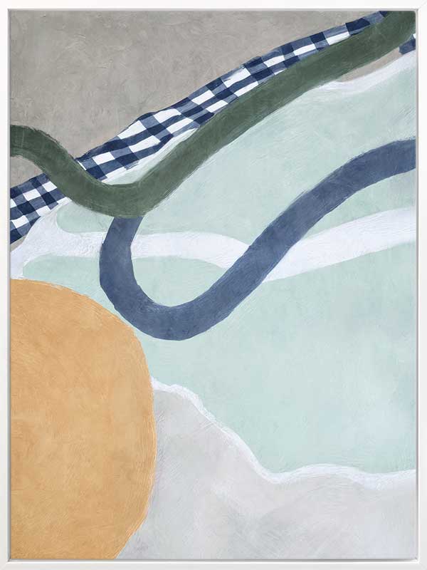 Abstract composition with curved forms in soft green and blue tones, creating a balanced and gentle motion, from the Lounging Ladies II collection by Urban Road.