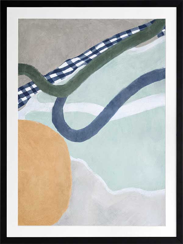 Abstract composition with curved forms in soft green and blue tones, creating a balanced and gentle motion, from the Lounging Ladies II collection by Urban Road.