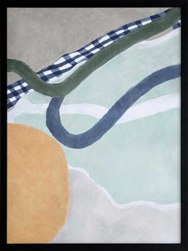 Abstract composition with curved forms in soft green and blue tones, creating a balanced and gentle motion, from the Lounging Ladies II collection by Urban Road.