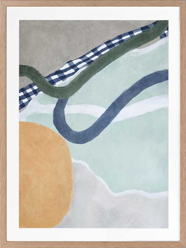 Abstract composition with curved forms in soft green and blue tones, creating a balanced and gentle motion, from the Lounging Ladies II collection by Urban Road.